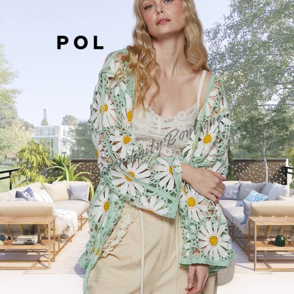 POL Tops - POL Mint Daisies Large Pattern Crochet Cut Out Open Front Shacket Cardigan Top